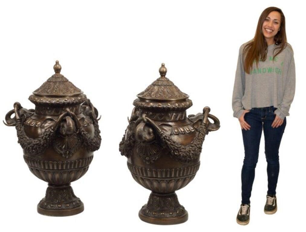 (2) LARGE BRONZE COVERED URNS WITH