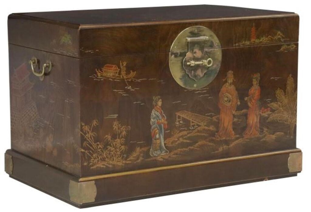 CHINESE FIGURAL DECORATED ELM STORAGE