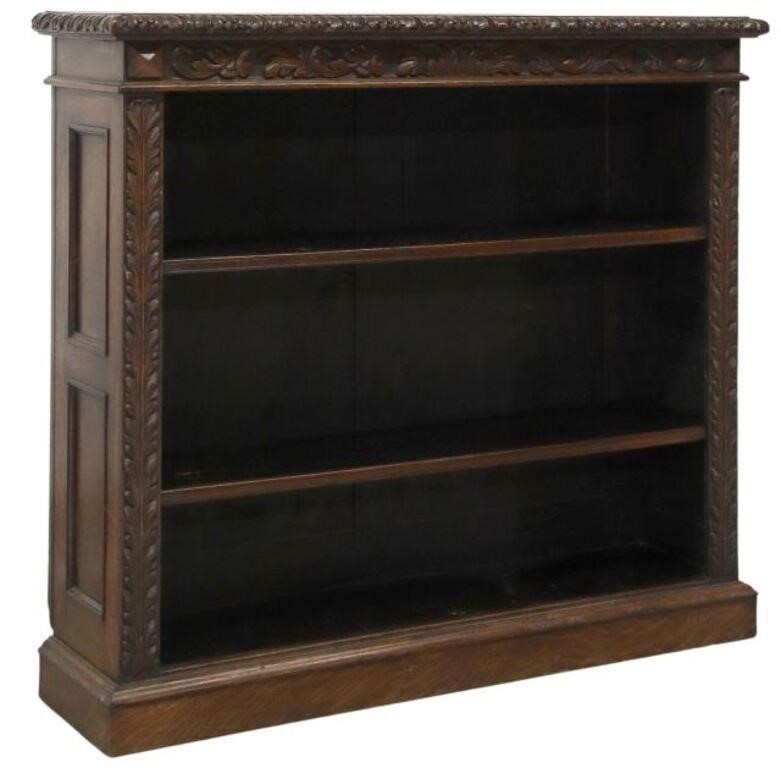 ENGLISH CARVED OAK OPEN BOOKCASEEnglish 35676b