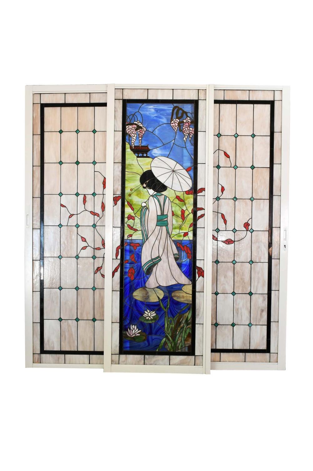 THREE LEADED STAINED-GLASS PANELS20th