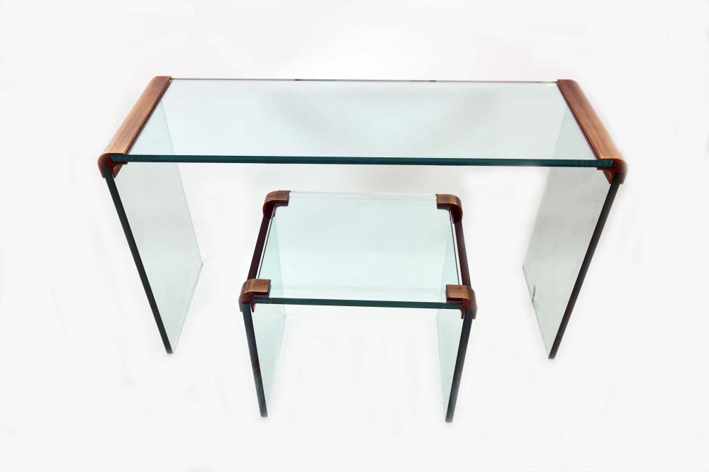 BRASS MOUNTED GLASS CONSOLE & OCCASIONAL