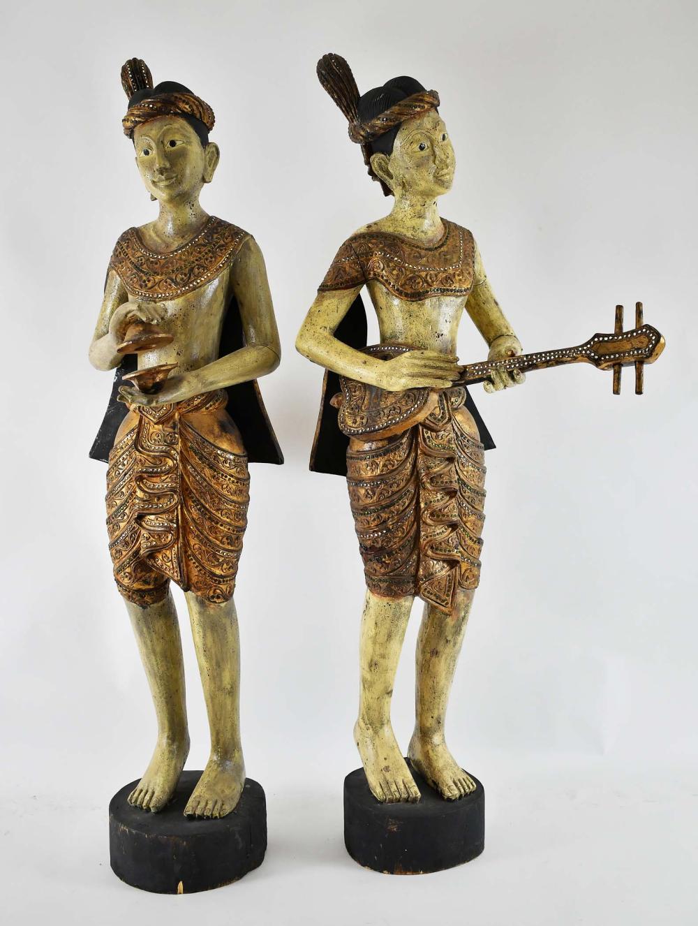 PAIR OF PAINTED, PARCEL GILT WOOD