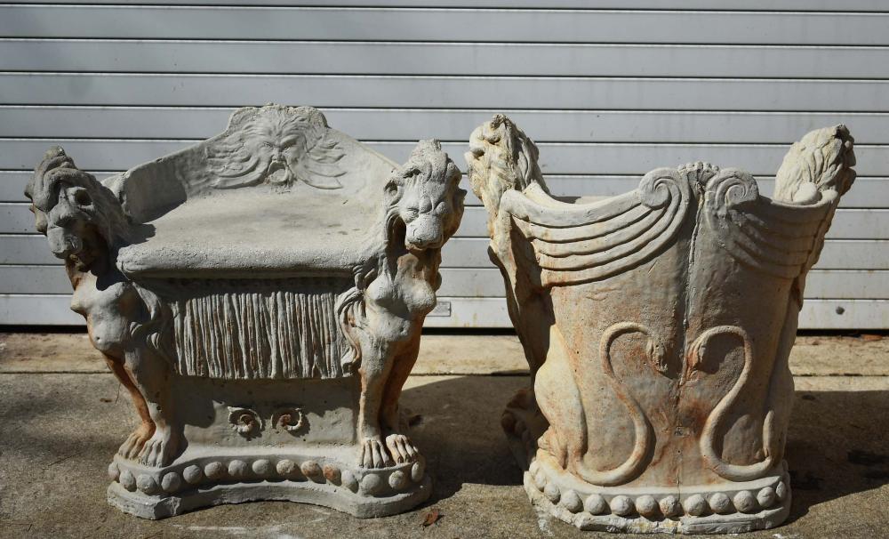 PAIR CEMENT GARDEN CHAIRS IN ANTIQUE