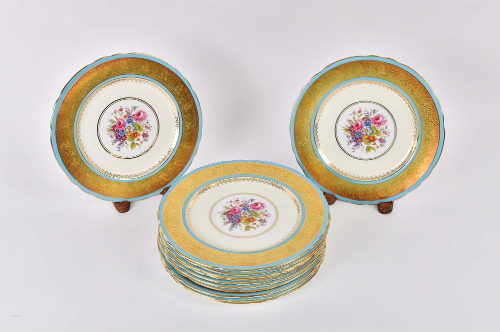 TWELVE AYNSLEY PAINTED & GILT EARTHENWARE