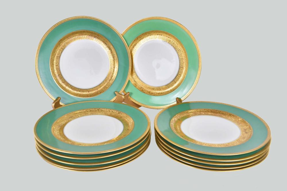 TWELVE LIMOGES GREEN GILT PORCELAIN 354339