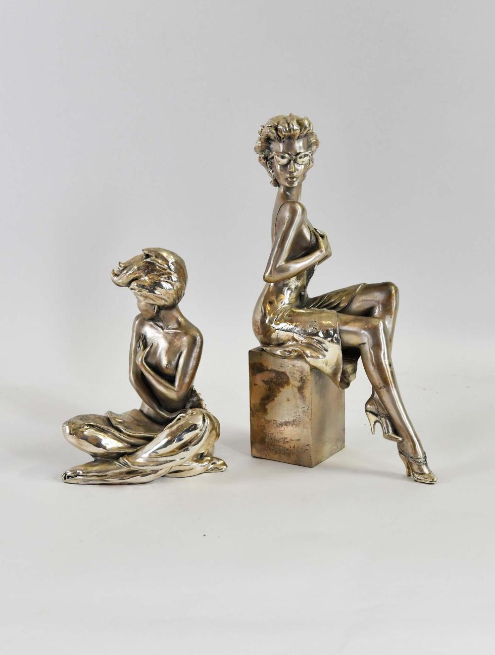 TWO SILVERED METAL CLAD FEMALE FIGURESItalian.