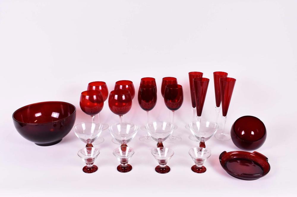 EXTENSIVE GRP OF RUBY GLASS STEMWARE 3543a2