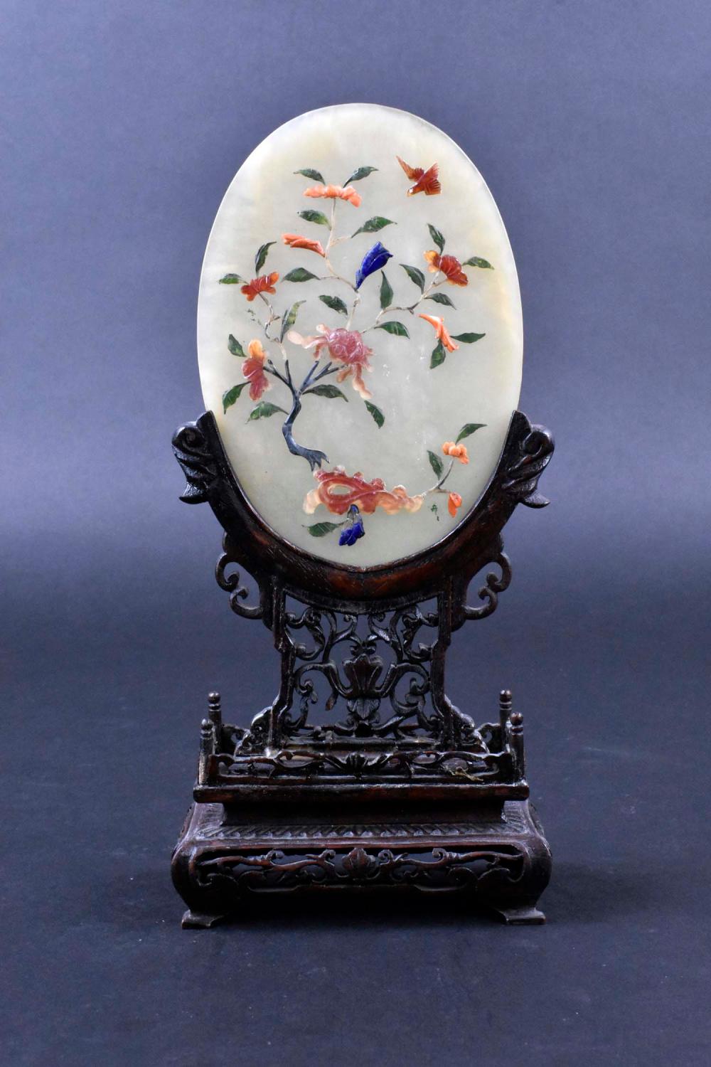 CHINESE HARDSTONE MOUNTED OVAL