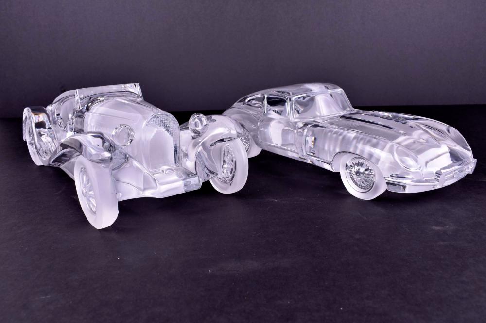 TWO DAUM COLORLESS GLASS CARS20th 3544a3