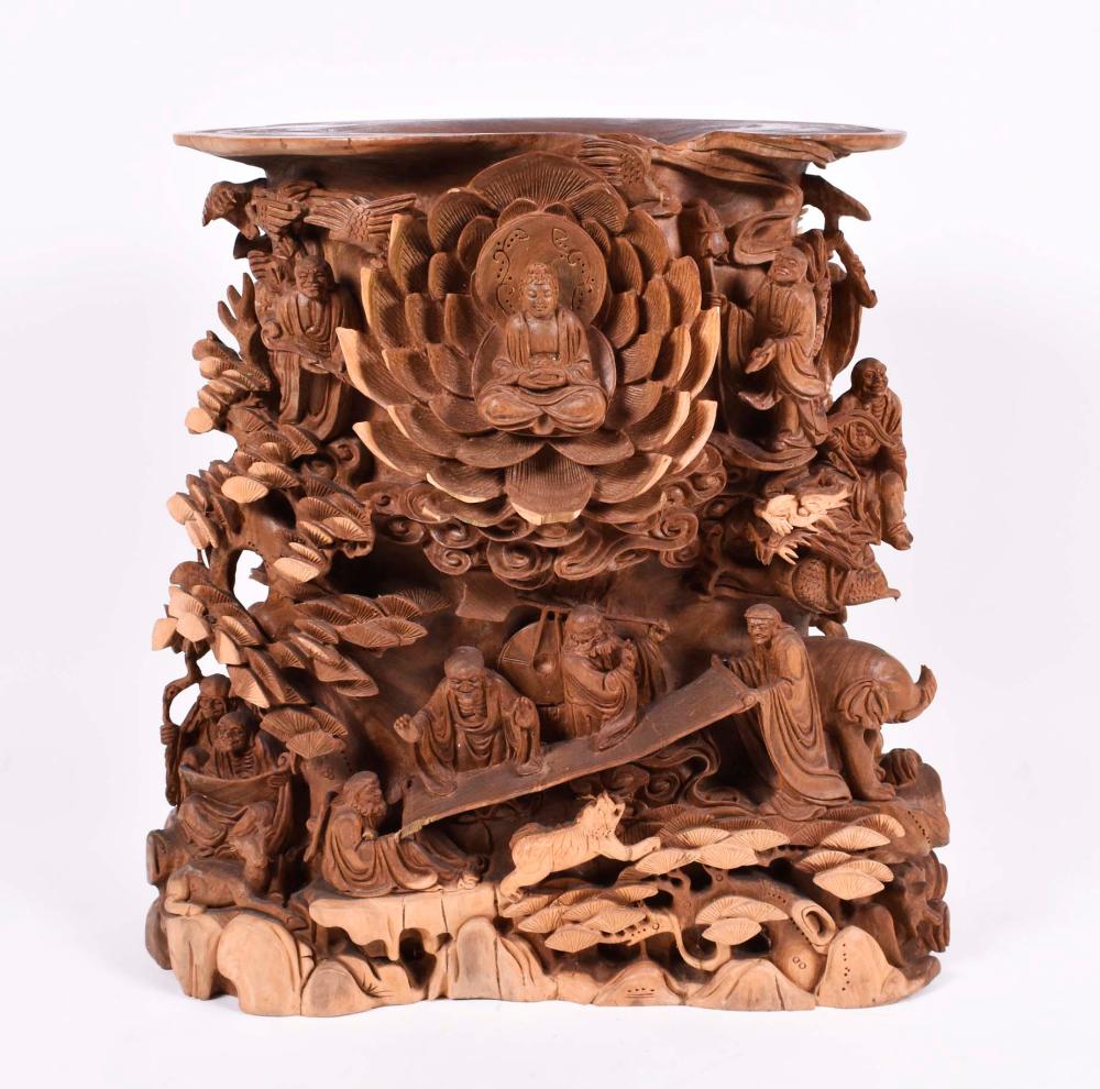 CHINESE CARVED TREE STUMPThe heavy