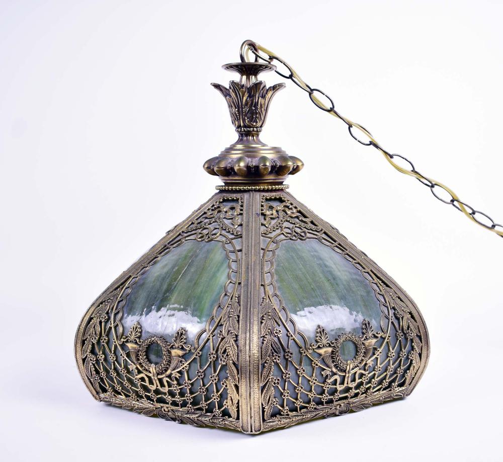 GILT METAL GREEN SLAG GLASS HANGING