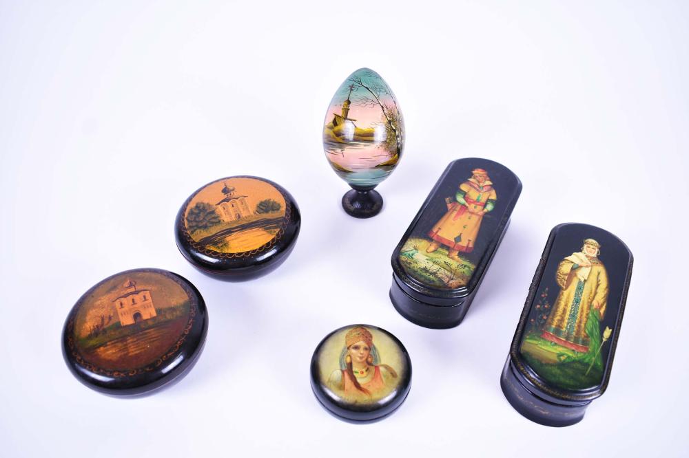 FIVE RUSSIAN PAINTED LACQUER BOXES
