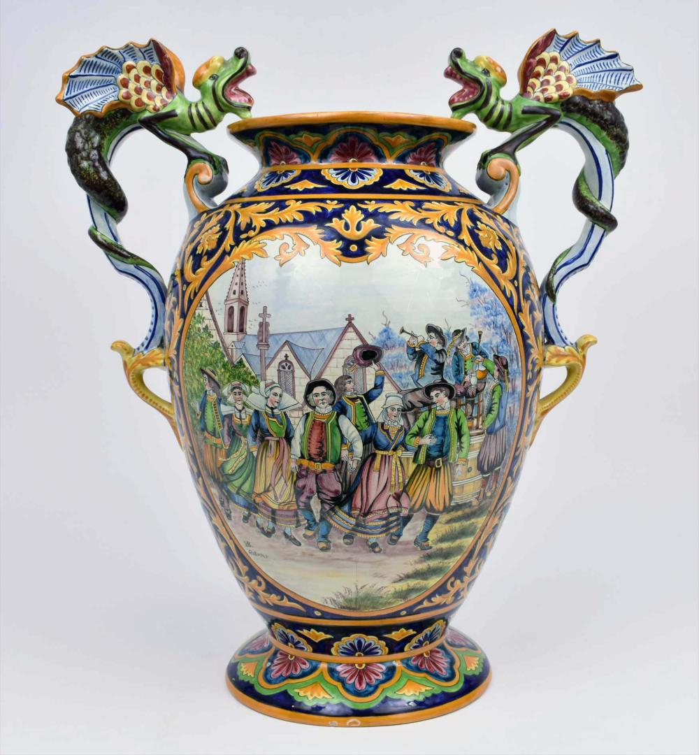 LARGE HB QUIMPER FAIENCE DRAGON HANDLED 35479b
