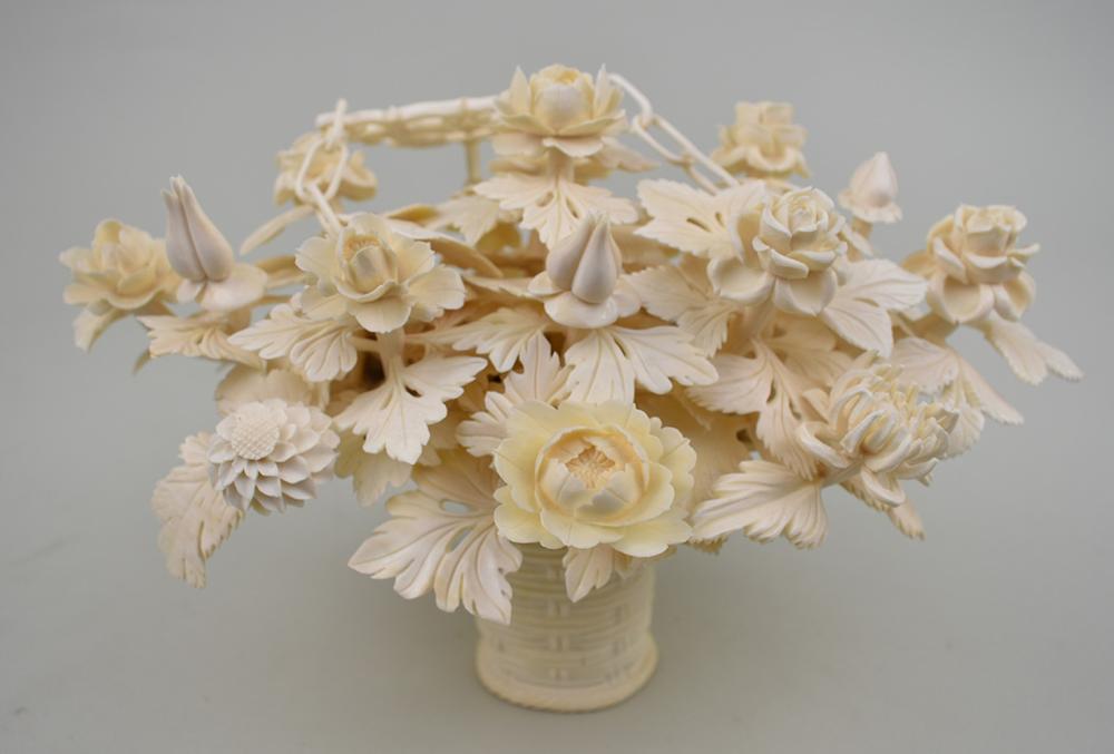 CHINESE CARVED IVORY FLOWER-FILLED