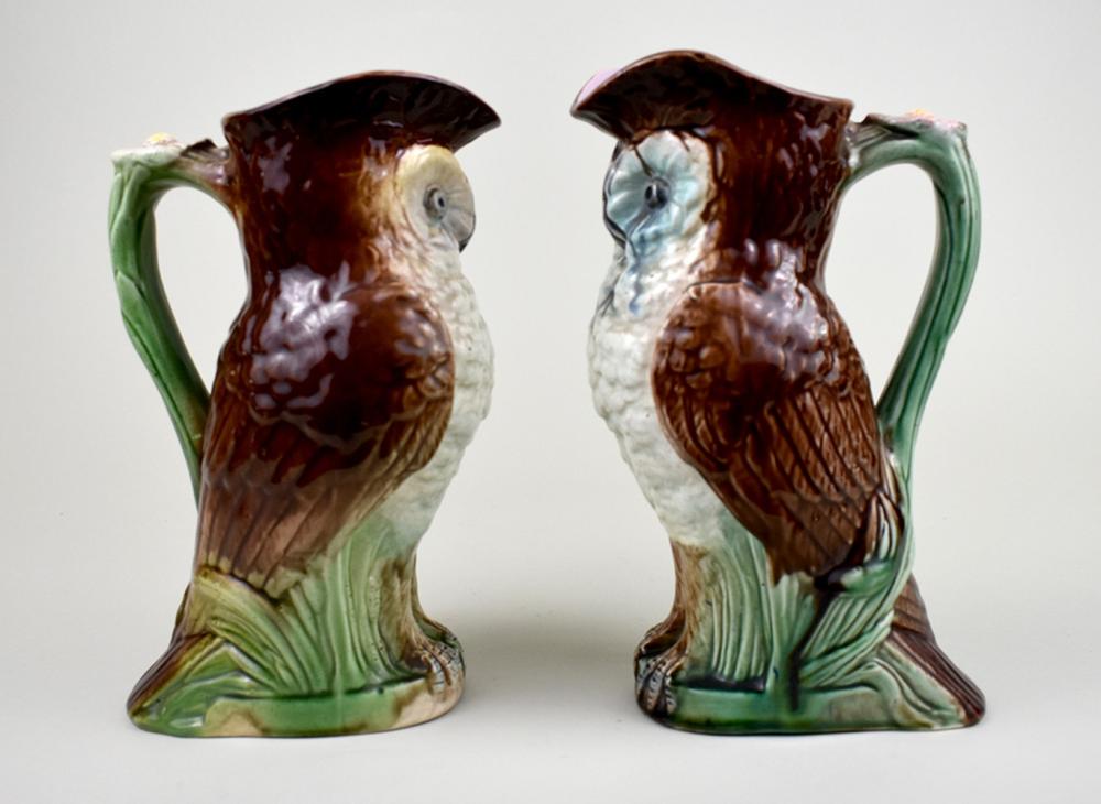 TWO MAJOLICA OWL FORM PITCHERSProbably 354984