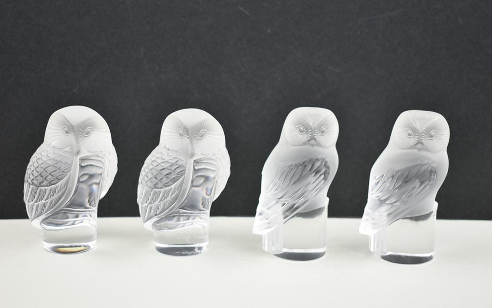 FOUR LALIQUE FROSTED GLASS OWL 35498a