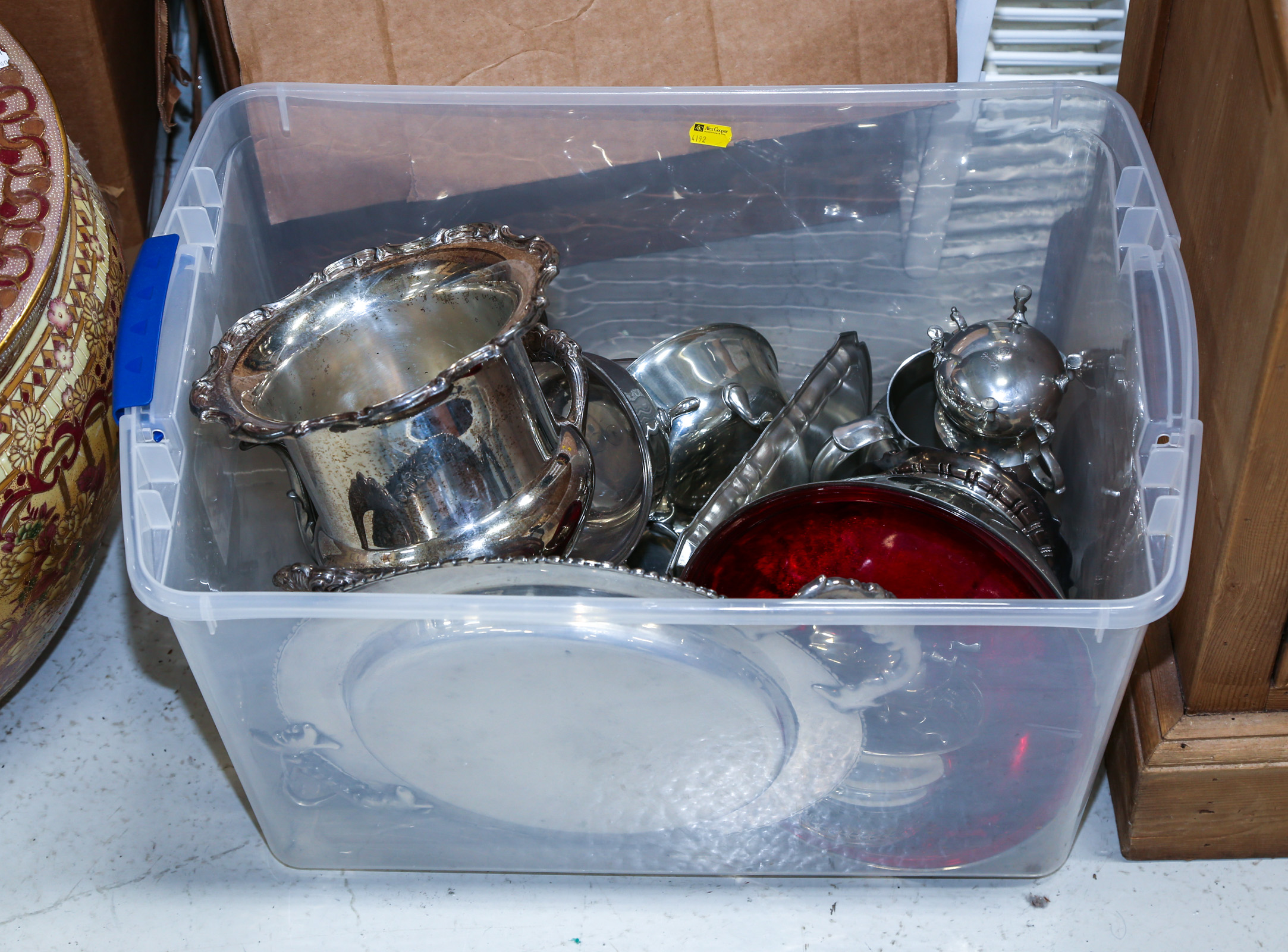 BIN OF SILVER PLATED PEWTER ITEMS 354ae8
