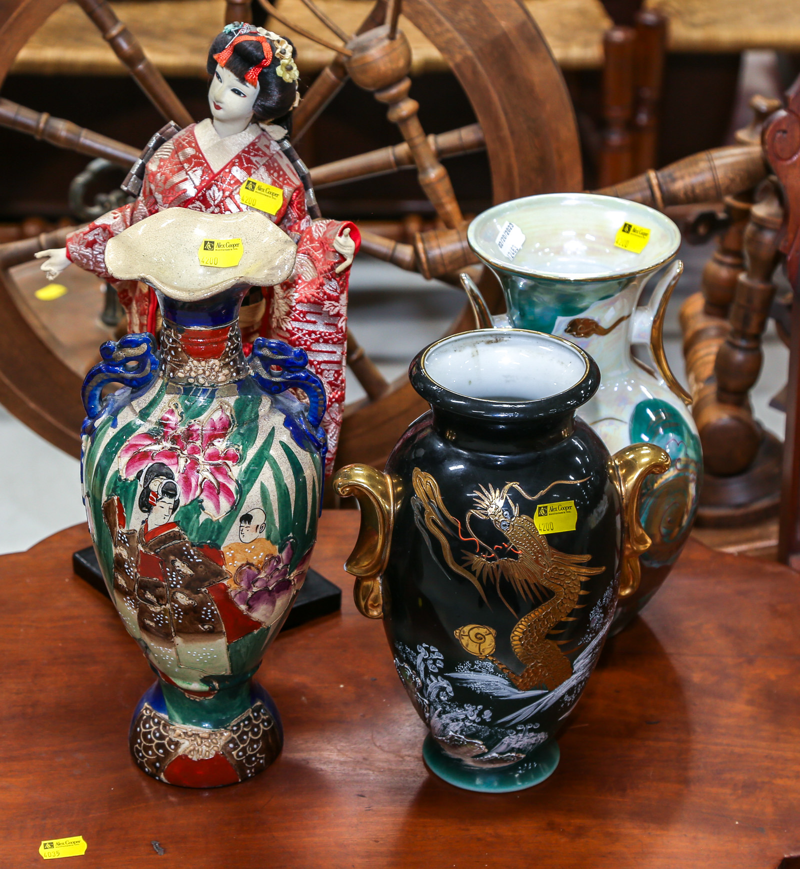 THREE JAPANESE VASES & A GEISHA