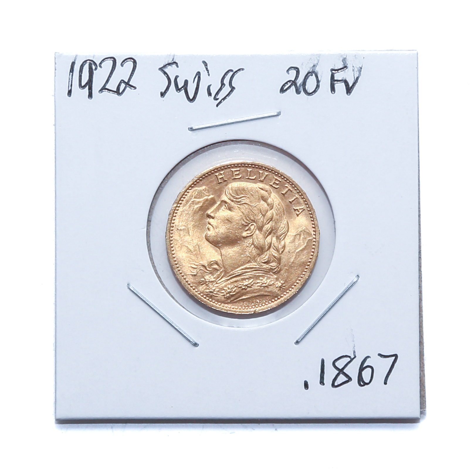1922 SWISS GOLD 20 FRANCS AGW 1867 354b37