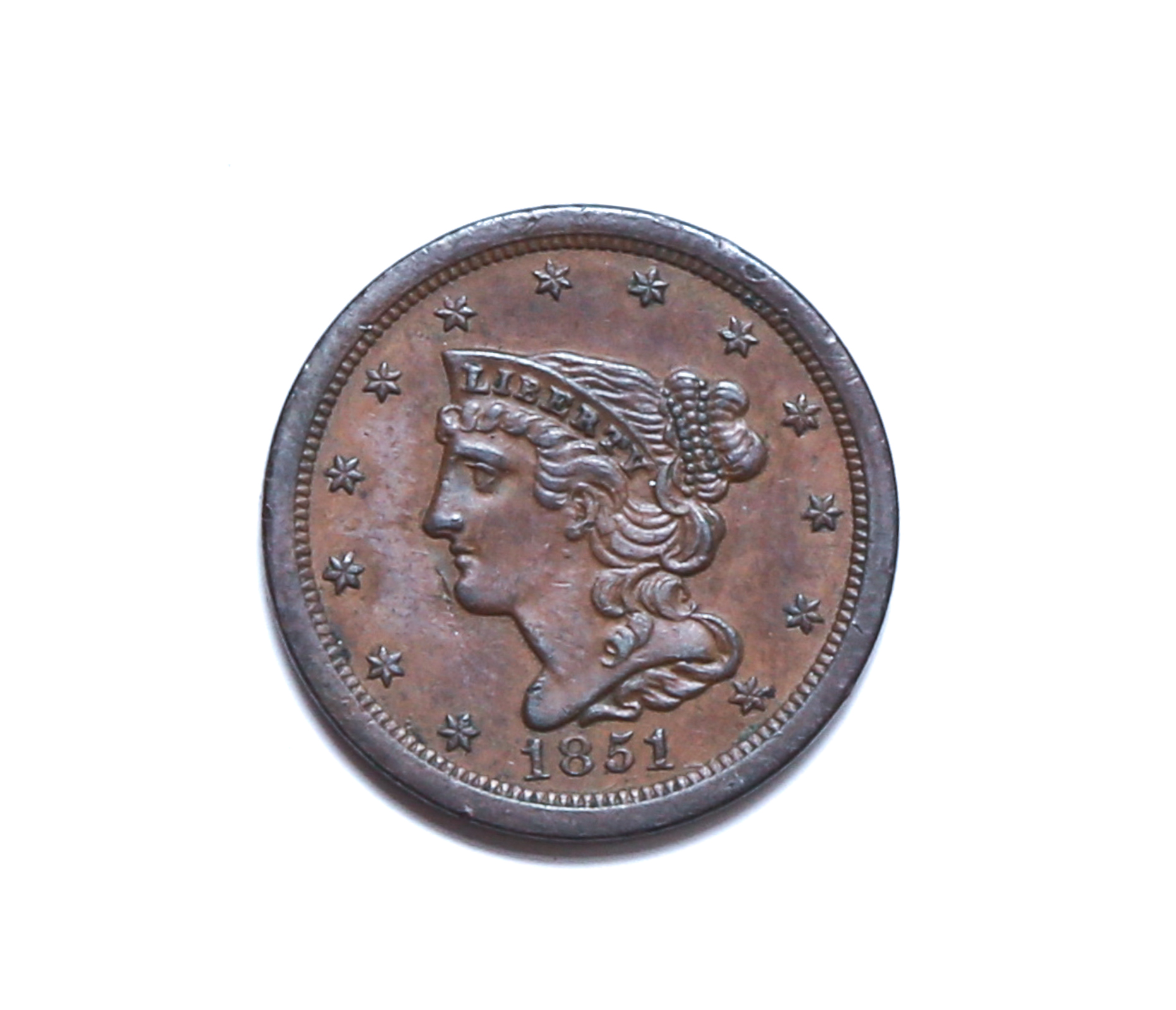 1851 BRAIDED HAIR HALF CENT XF45