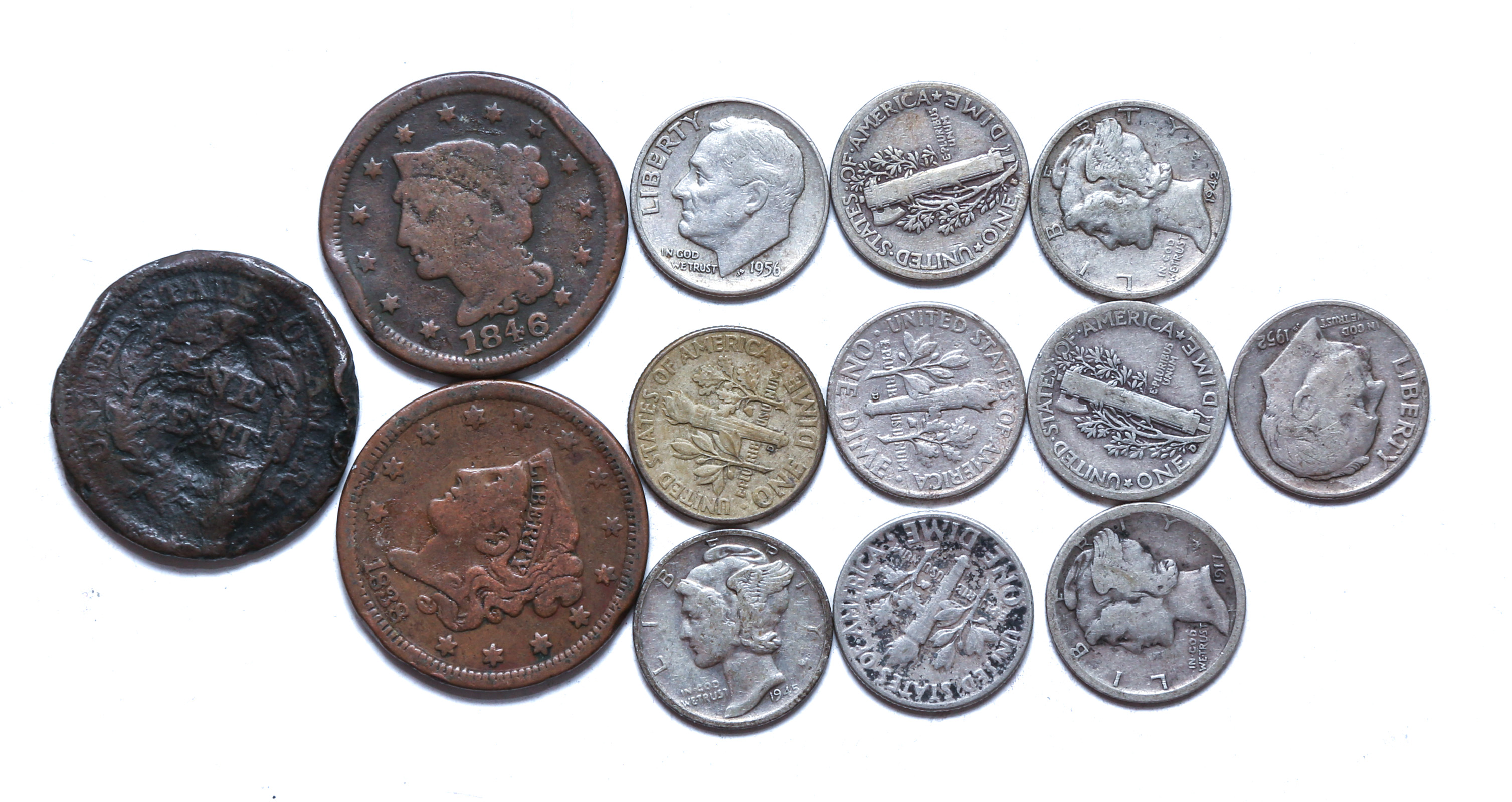 3 LARGE CENTS & 10 SILVER DIMES