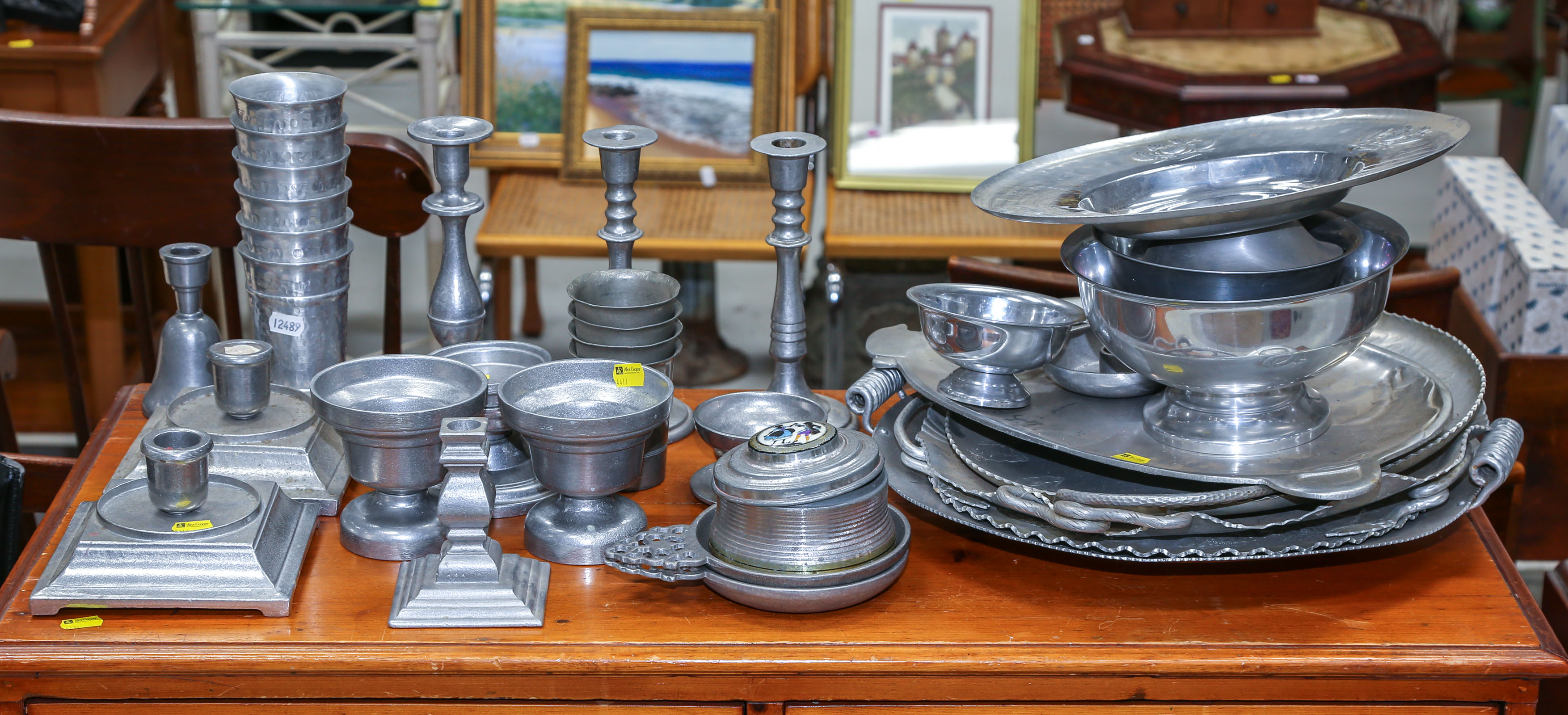 GROUP OF PEWTER & ALUMINUM TABLE