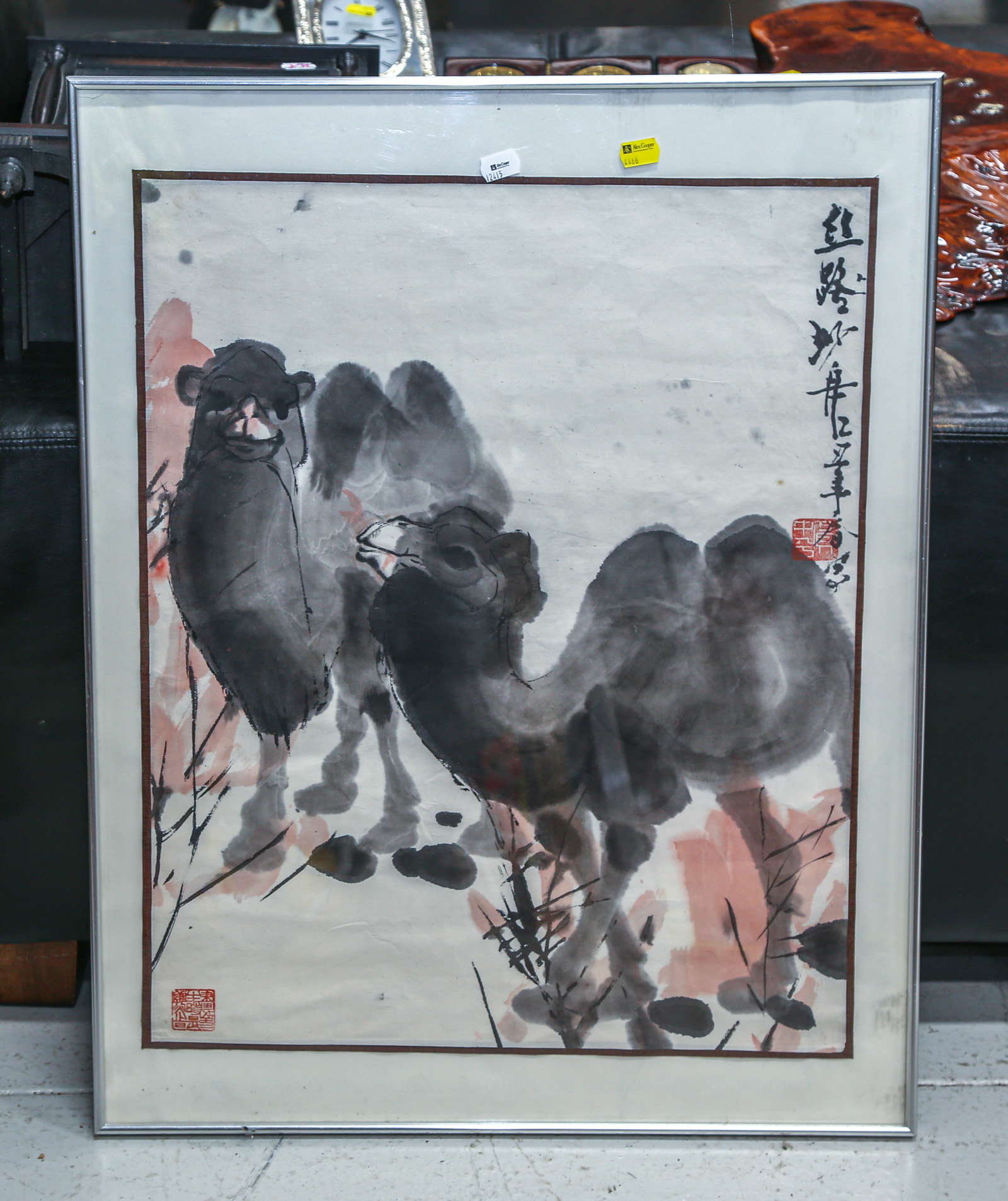 FRAMED CHINESE WATERCOLOR Two camels,