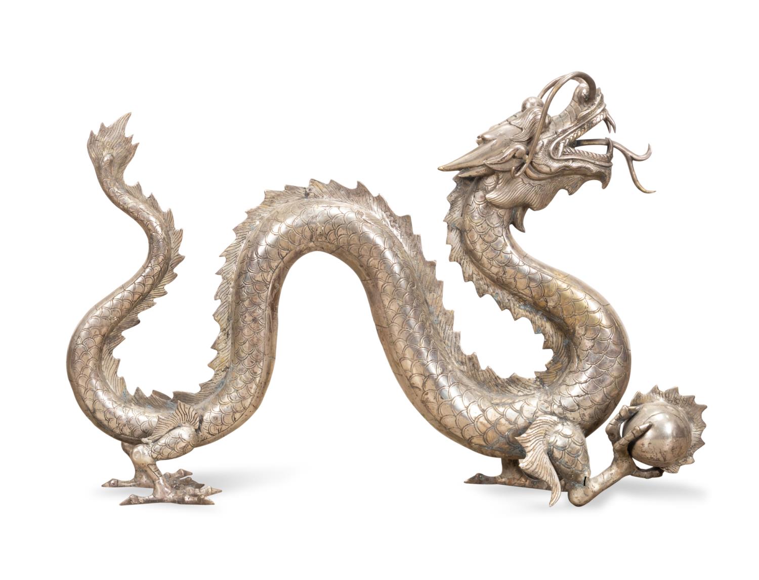 LARGE CHINESE SILVER PLATED DRAGON FIGURE