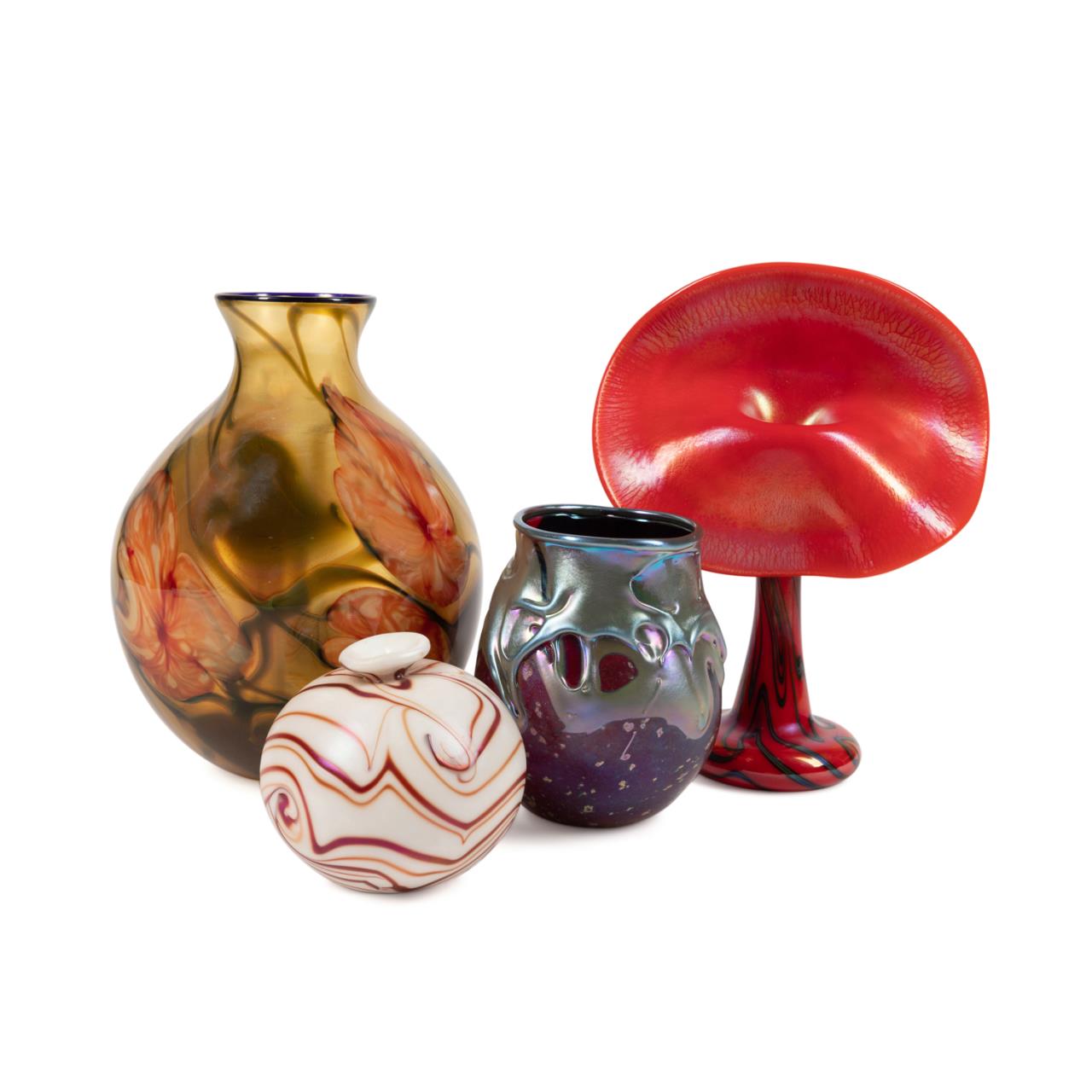 FOUR CHARLES LOTTON ART GLASS VASES,