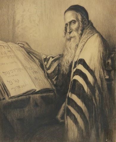 SIGNED JUDAICA ETCHING RABBI STUDYING