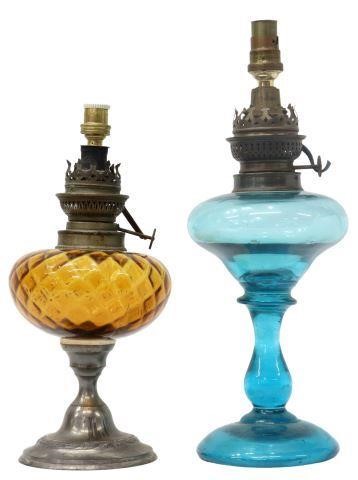 CONTINENTAL COLORED GLASS OIL LAMPS lot 357bca