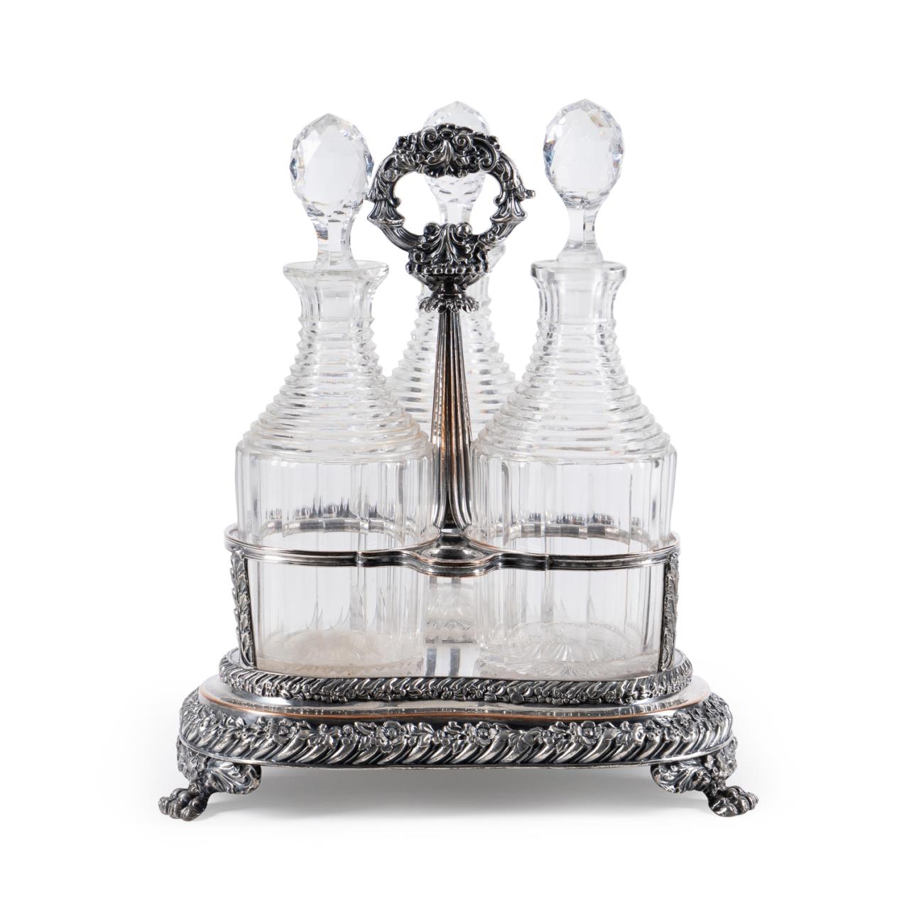 OLD SHEFFIELD PLATE THREE-BOTTLE DECANTER