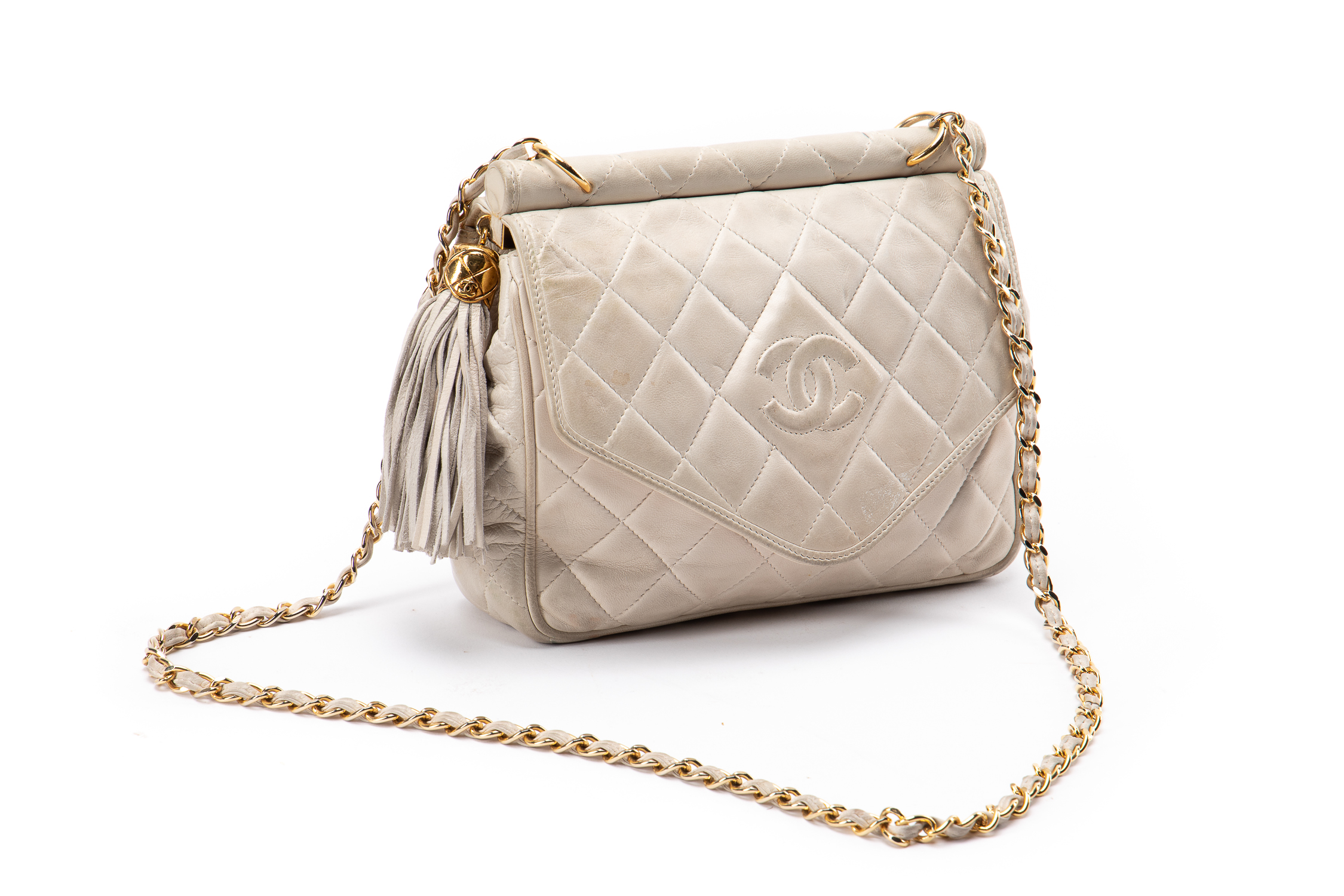 CHANEL, CREAM LEATHER QUILTED FLAP