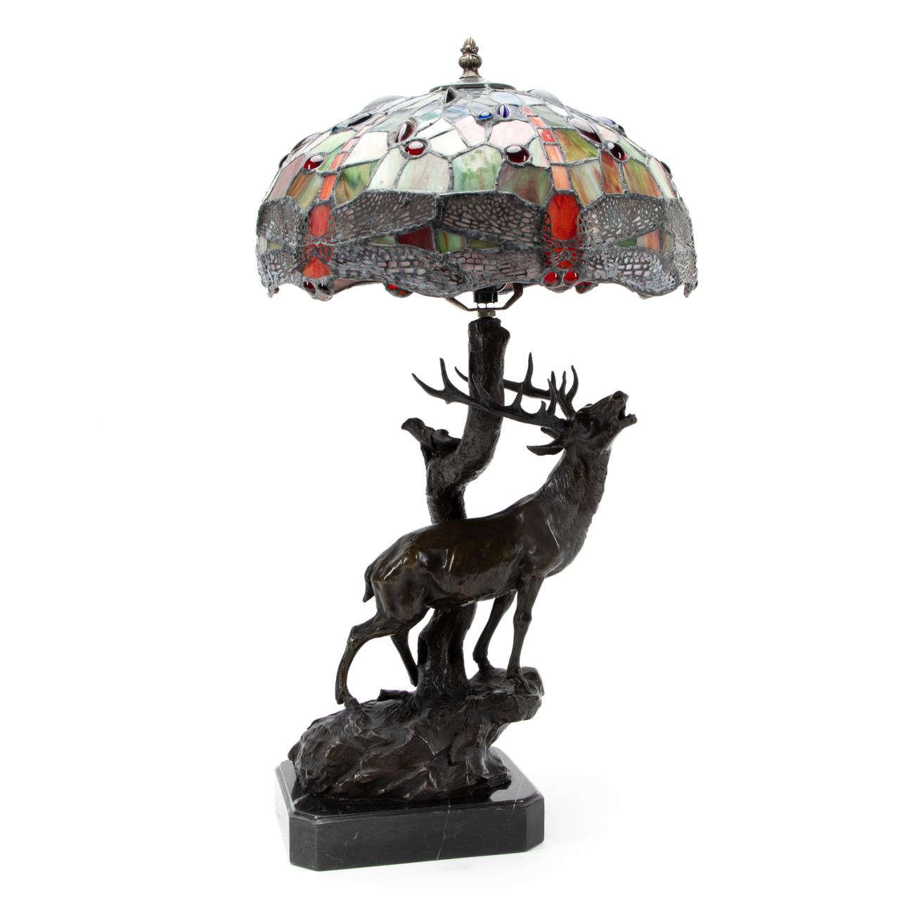 BRONZE STAG TABLE LAMP WITH STAINED 357d7c