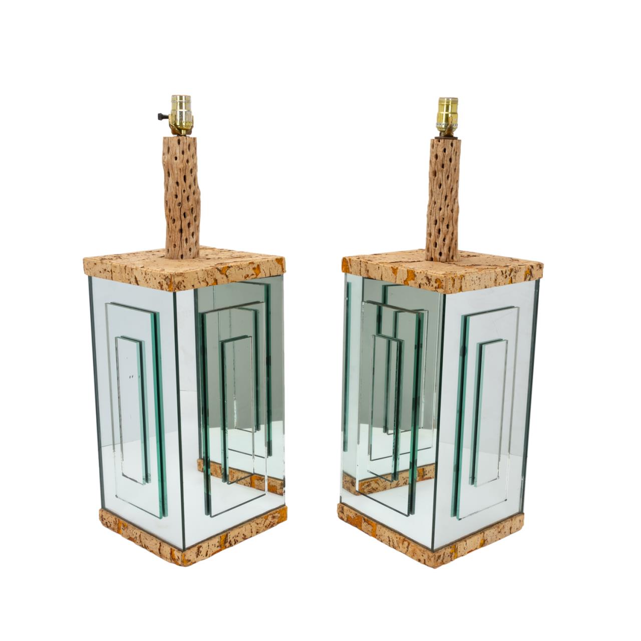 PAIR OF CORK AND MIRRORED TABLE 357dcb