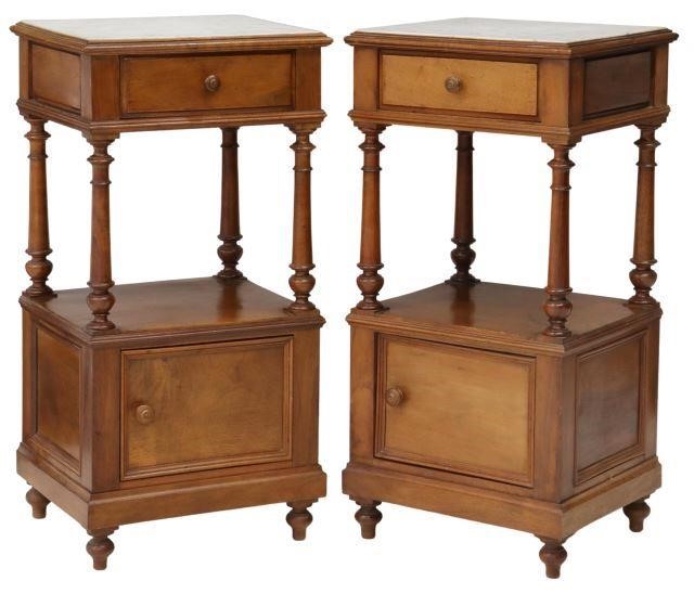(2) FRENCH MARBLE-TOP WALNUT BEDSIDE