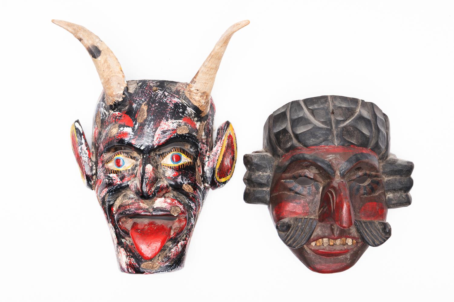 TWO CARVED WOOD MASKS, MEXICO &