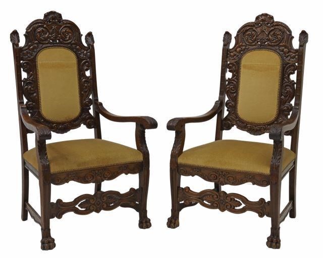  2 FRENCH CARVED OAK FAUTEUILS pair  357ea2