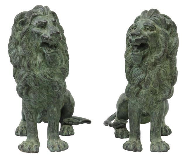 (2) VERDIGRIS BRONZE SEATED LIONS(pair)