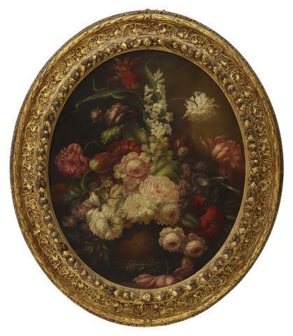 LARGE GILTWOOD FRAMED OVAL FLORAL