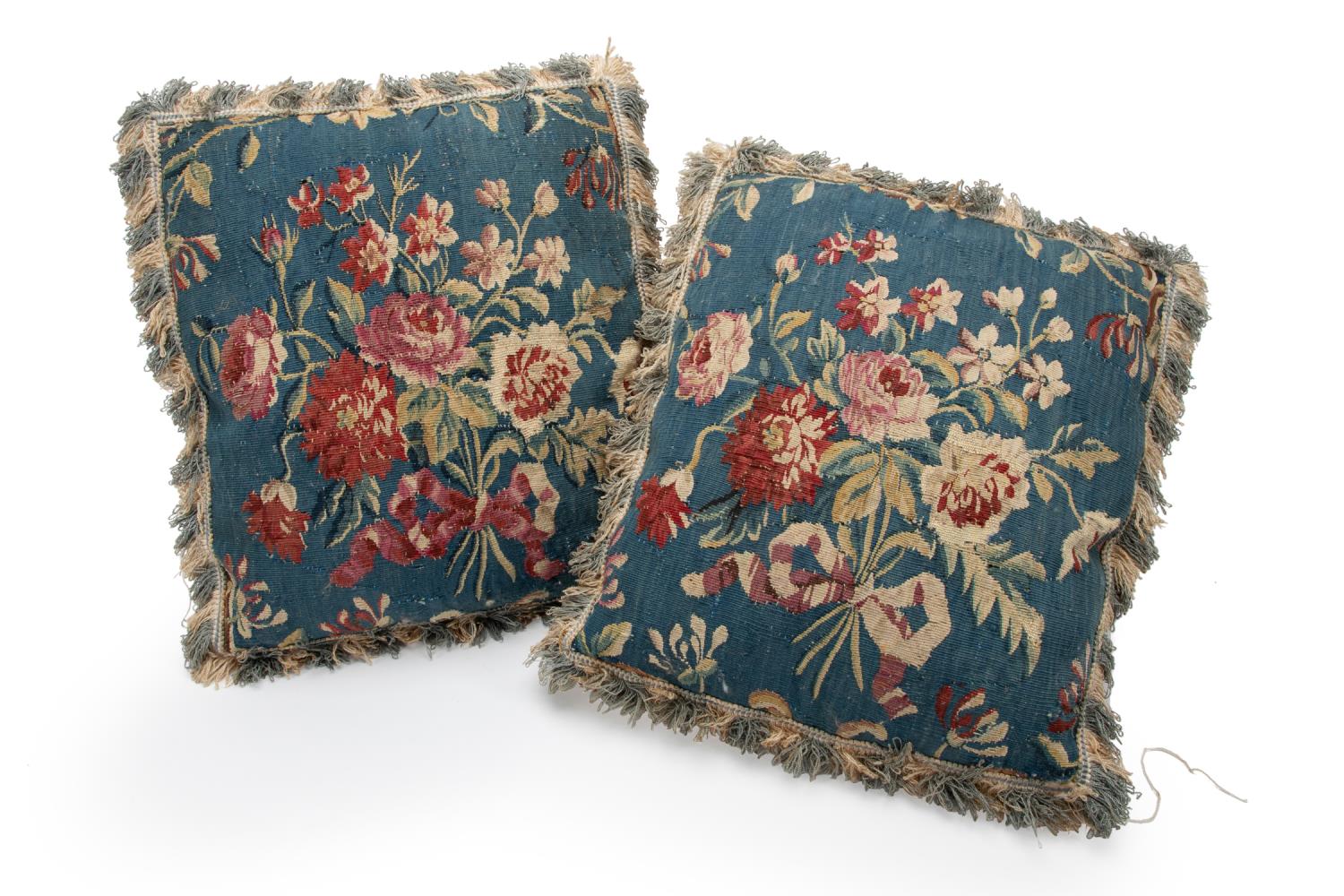 PAIR, BLUE FLORAL TAPESTRY COVERED