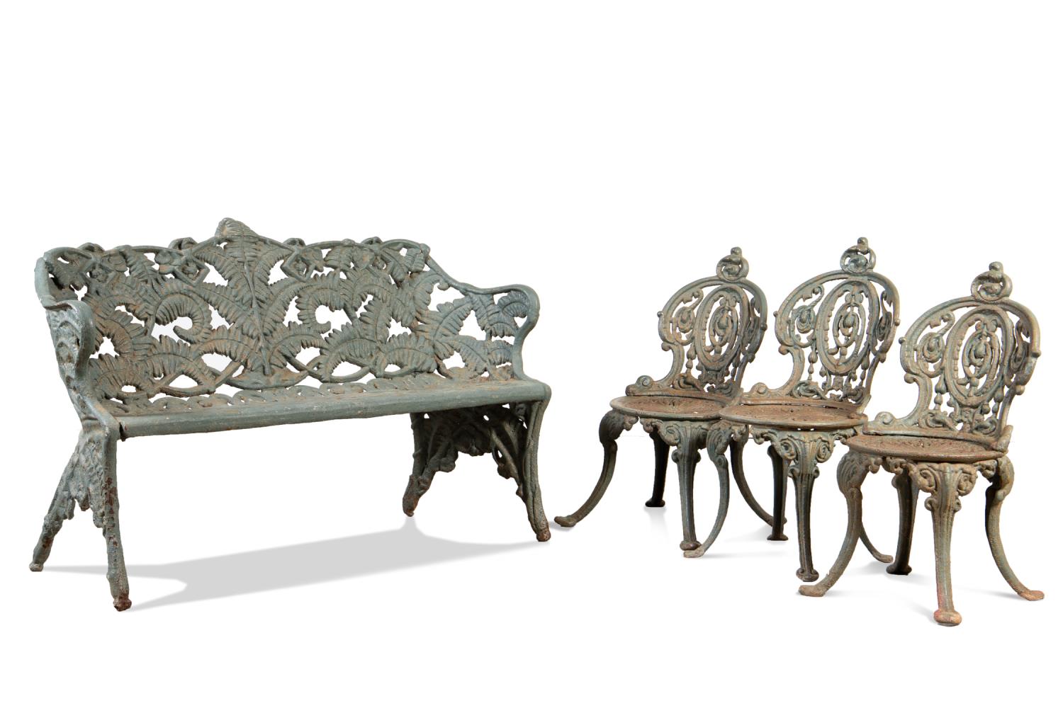 CAST IRON GARDEN GROUP, BENCH AND THREE