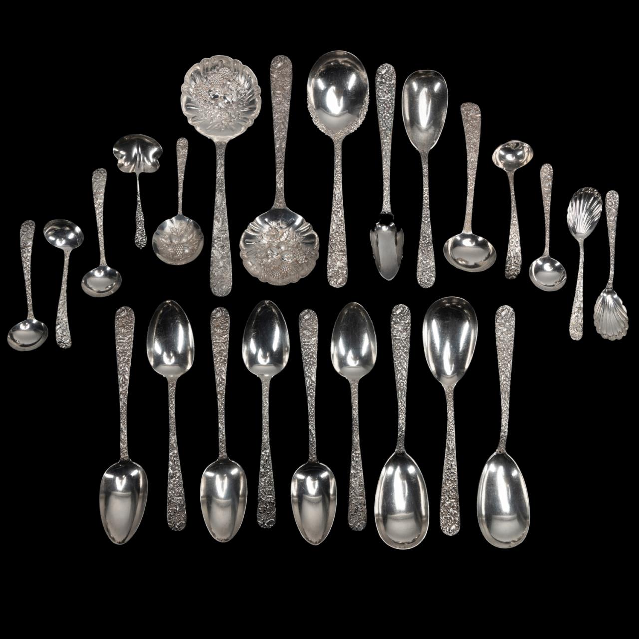 S. KIRK REPOUSSE SILVER SERVING UTENSILS,