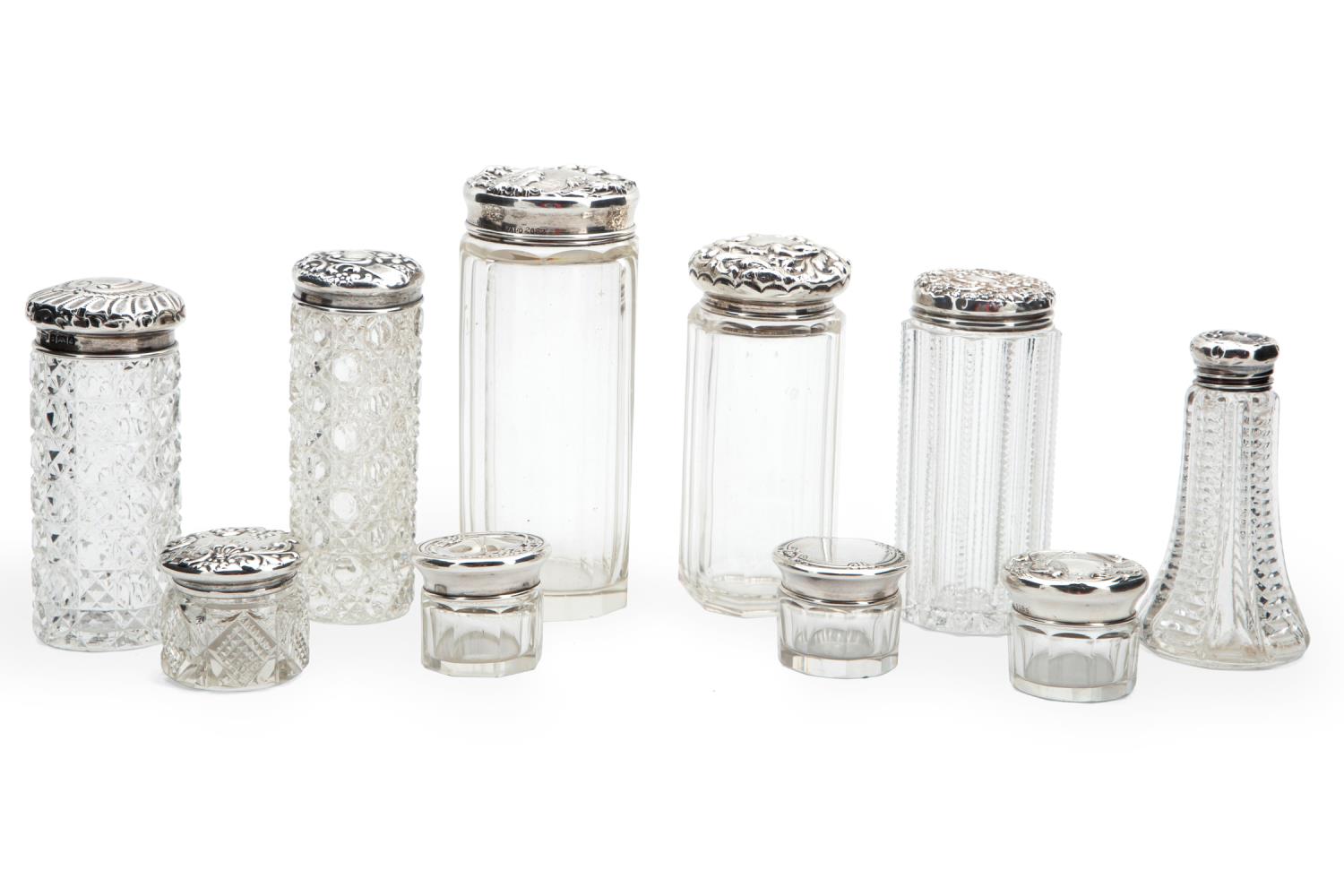 TEN STERLING LIDDED AND CUT GLASS