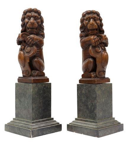 (2) CARVED WALNUT HERALDIC LIONS