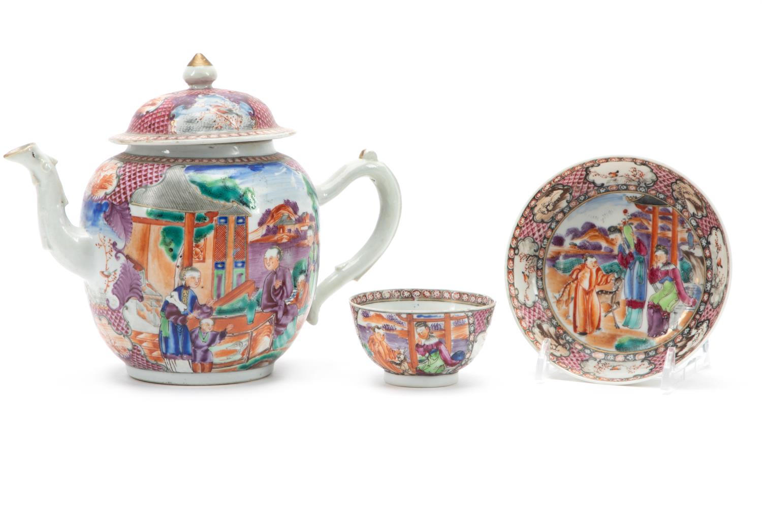 CHINESE EXPORT MANDARIN TEAPOT, CUP,