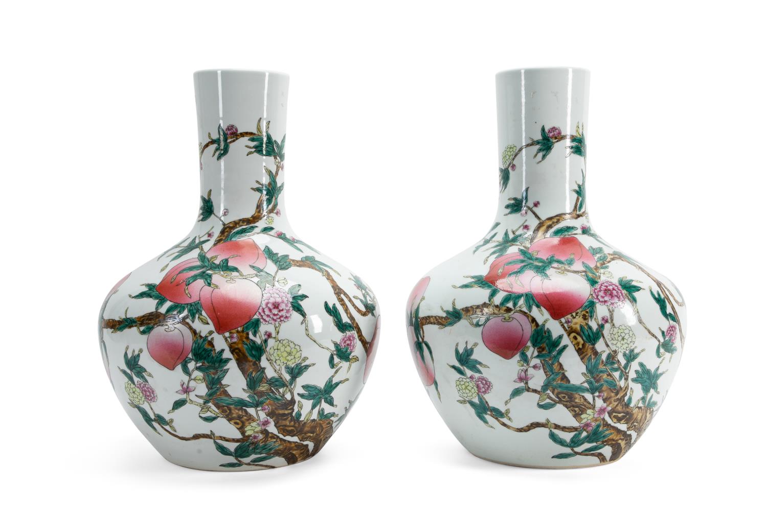 PAIR OF CHINESE PEACH AND BAT VASES