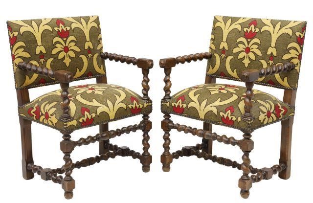 (2) FRENCH LOUIS XIII STYLE UPHOLSTERED