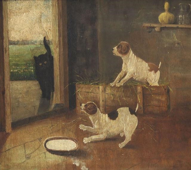 ENGLISH SCHOOL PANEL PAINTING PUPPIES