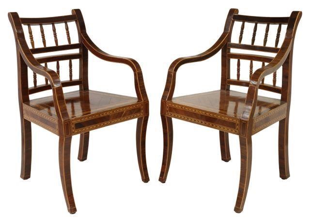 (2) MAHOGANY SPINDLE-BACK INLAID ARMCHAIRS(pair)